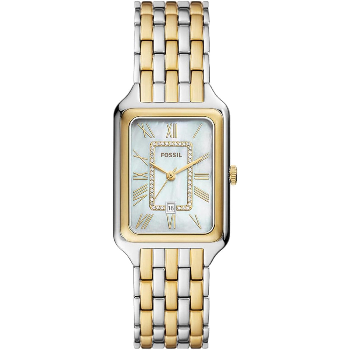Front view of the Fossil Raquel ES5305 ladies watch showcasing a white mother-of-pearl dial, gold-tone Roman numerals, and a two-tone steel bracelet