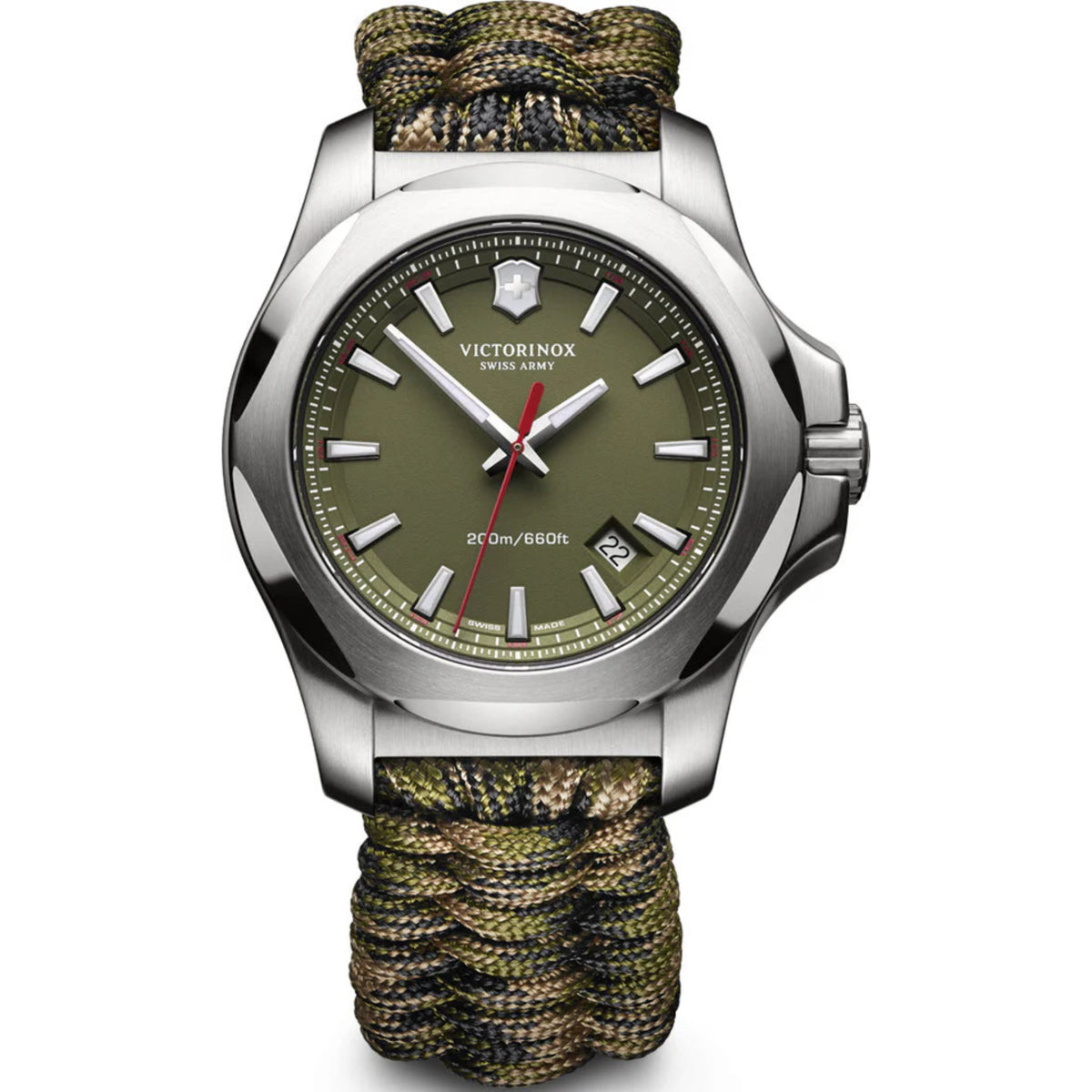 Men's wristwatch with stainless steel case, dark green dial, and green paracord strap