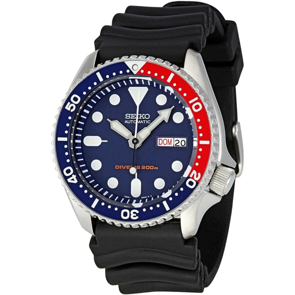 Men's Seiko diver watch with black rubber strap, Pepsi bezel, black dial, DOM 20 date