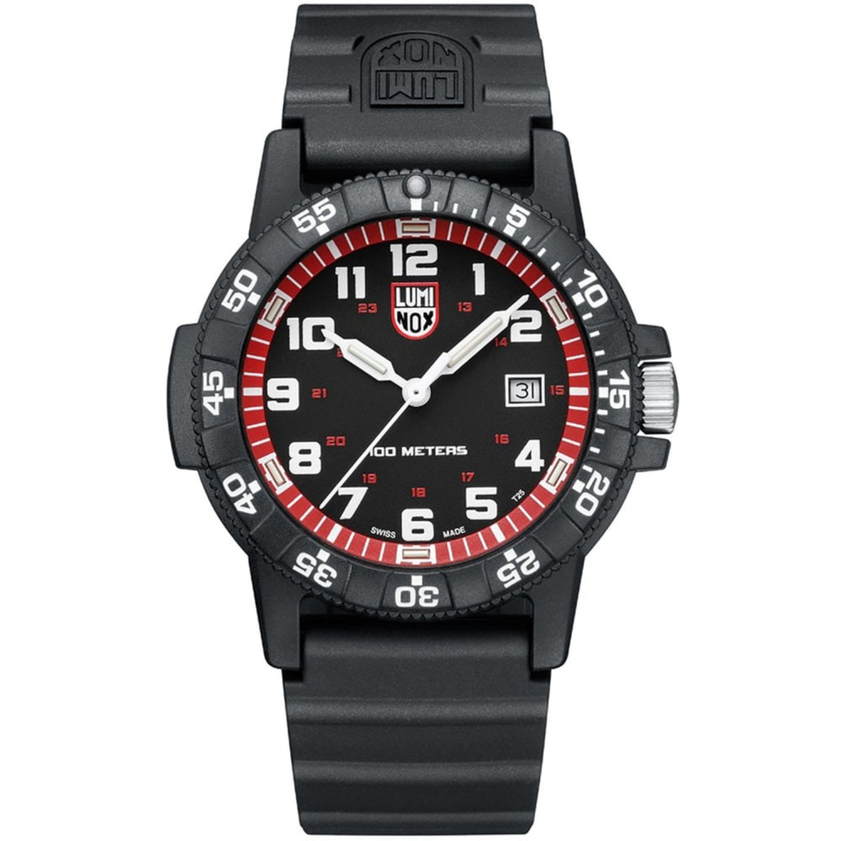 Black rubber strap quartz diver-style watch with black dial and red bezel, 44mm