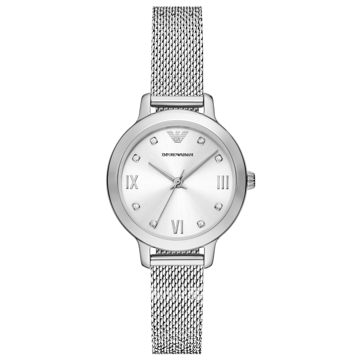Ladies silver dial quartz wristwatch with steel mesh bracelet and Roman numeral markers