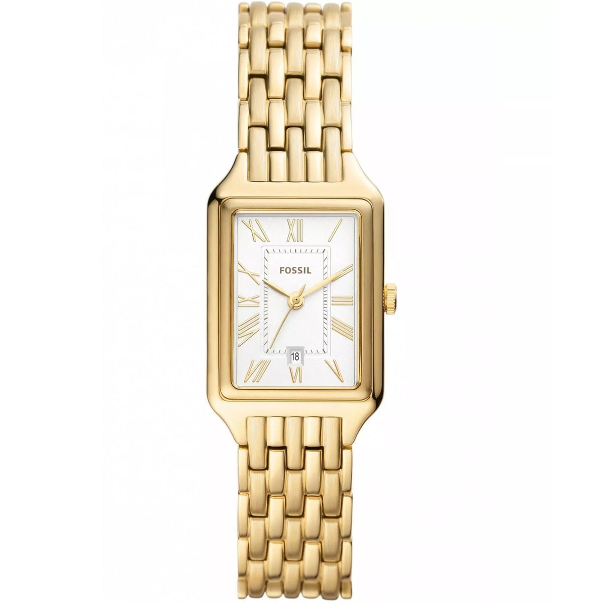 Front view of the Fossil Raquel ES5220 ladies quartz watch featuring a rectangular silver dial, gold-tone Roman numerals, and a gold-tone stainless steel bracelet