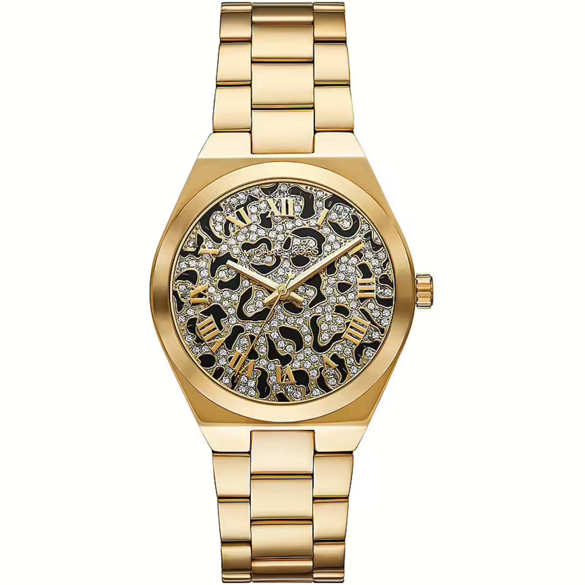 Gold-tone women's wristwatch with black dial and jeweled Roman numerals, metal link band
