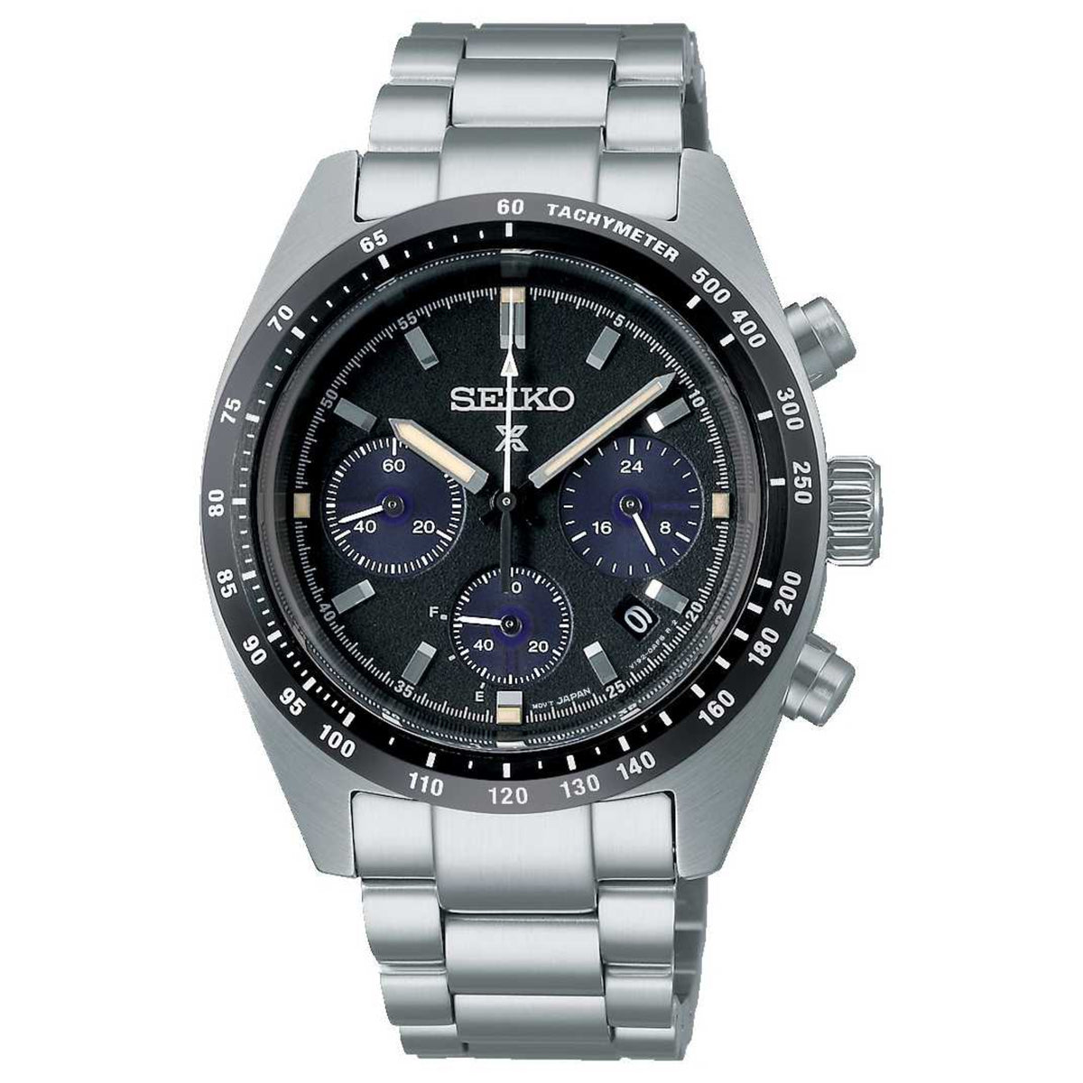 Men's steel chronograph watch with black dial, three subdials, tachymeter bezel