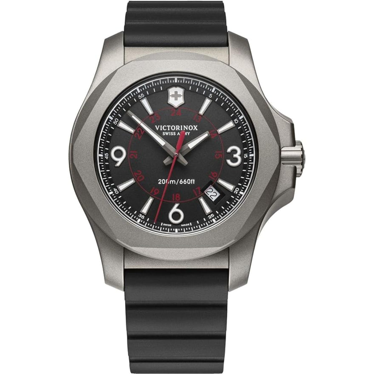 Victorinox I.N.O.X men's quartz wristwatch with black dial and rubber strap, 42mm