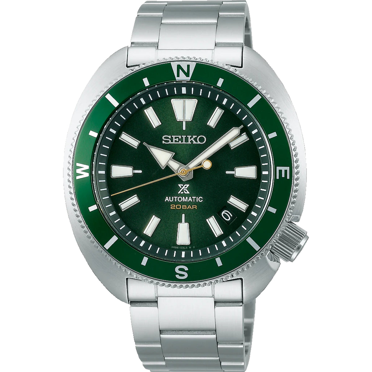 Men's steel automatic watch, green dial, link bracelet, knurled bezel—front view