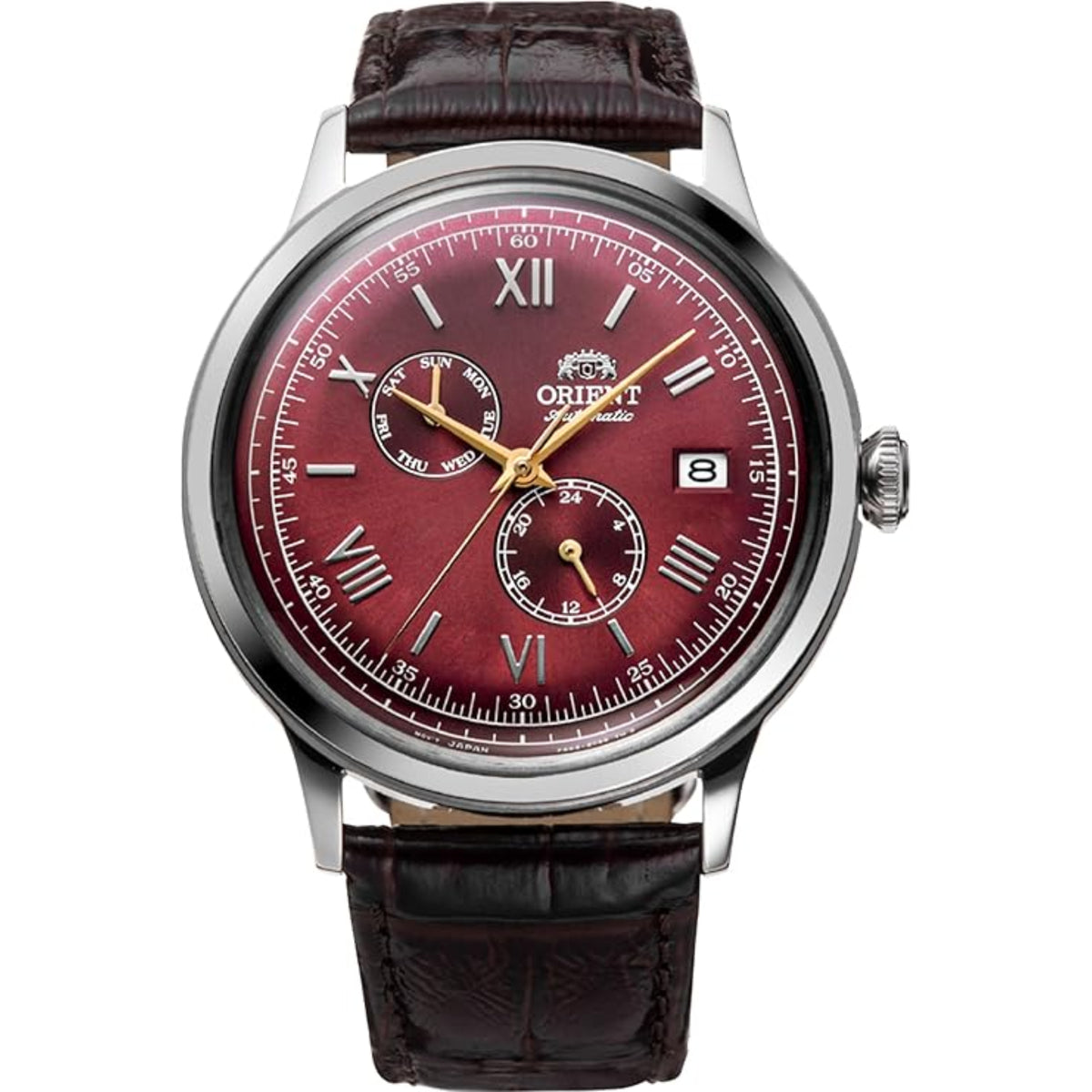 Men's automatic watch: red dial, roman numerals, leather strap, subdials