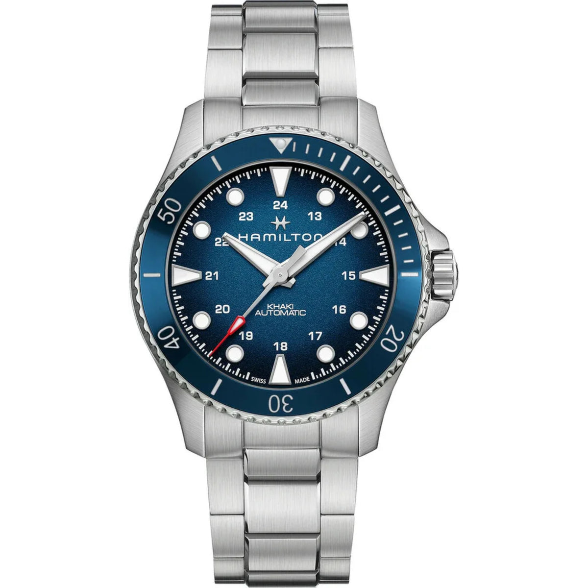 Hamilton Khaki Navy 43mm Scuba blue dial ceramic unidirectional bezel automatic watch H82505140 front view