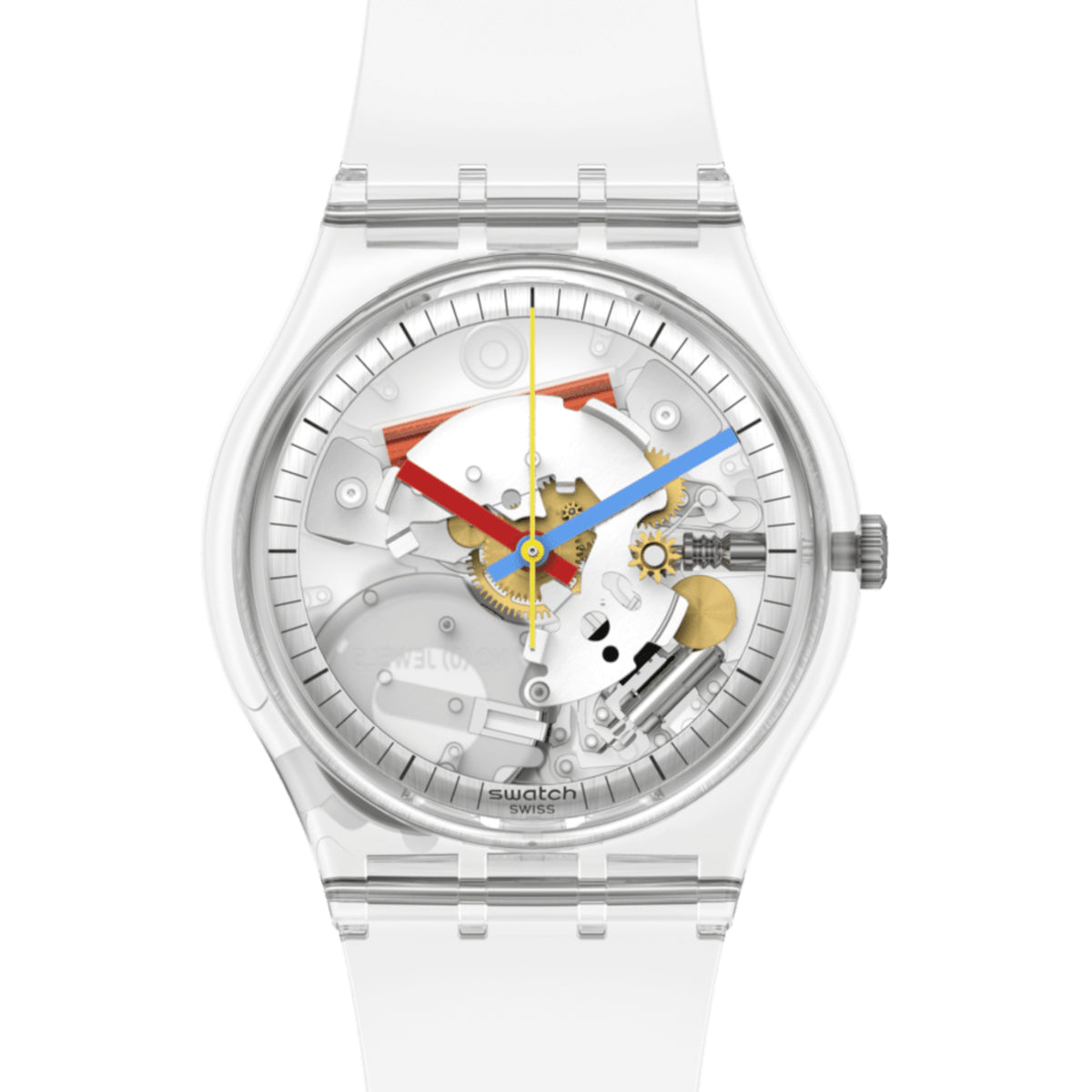 Swatch CLEARLY GENT Original watch with transparent white strap; colorful skeleton dial
