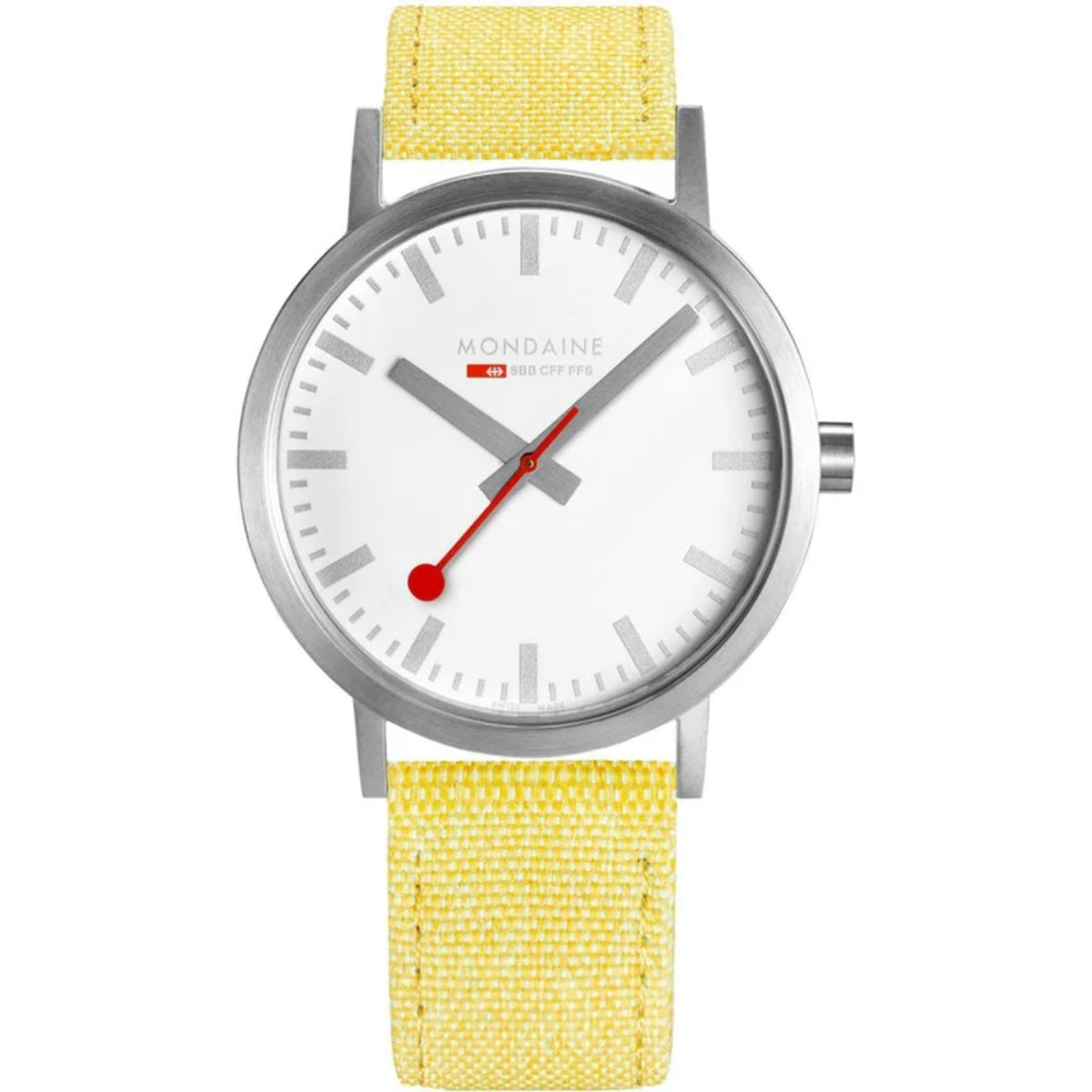 Mondaine quartz wristwatch: white dial, yellow textile strap, silver case, red seconds hand