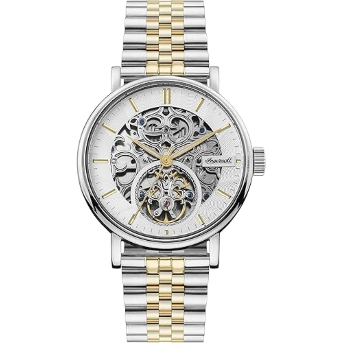 Two-tone stainless steel automatic watch with silver skeleton dial and gold hands