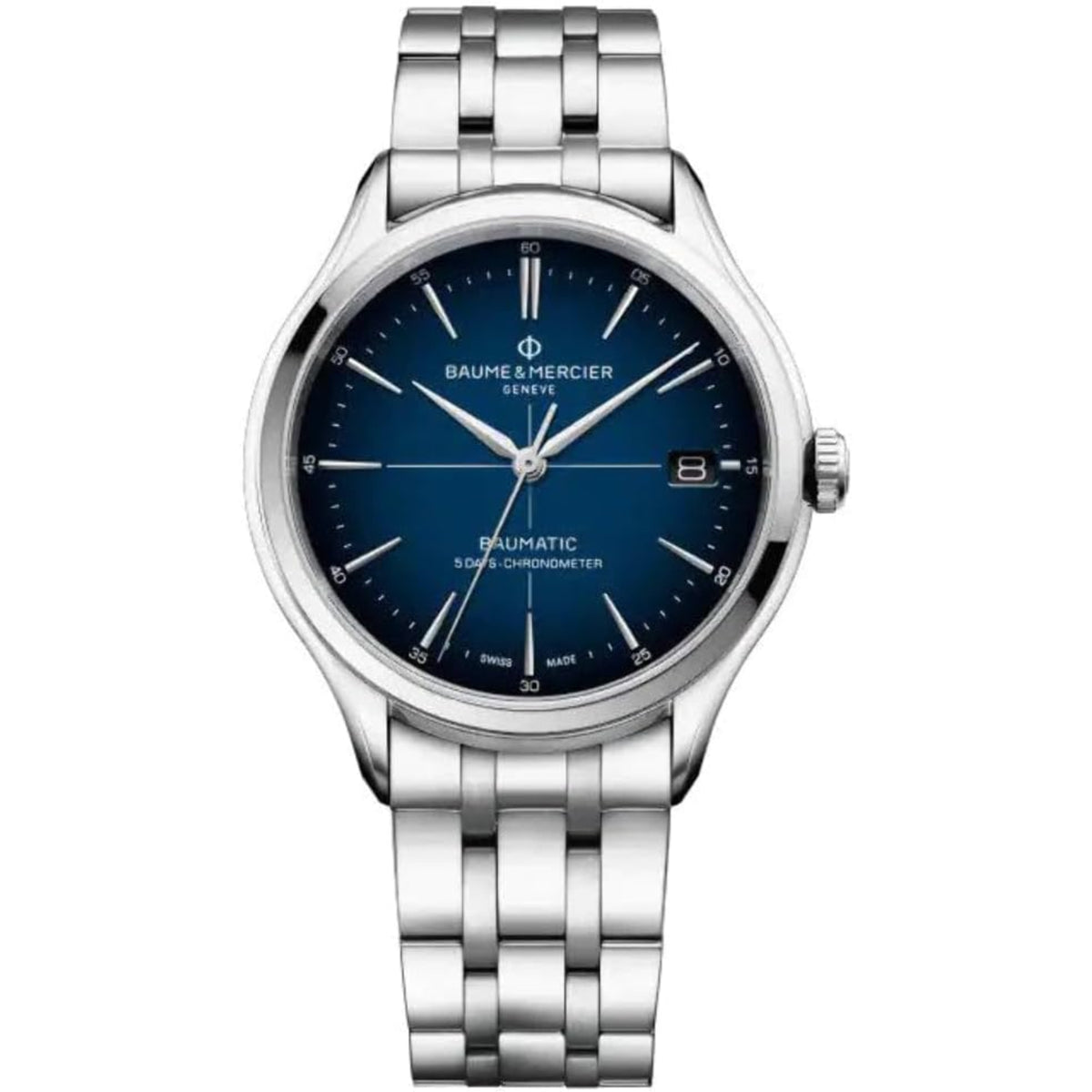 Stainless steel men’s watch with blue dial, baton markers, and link bracelet