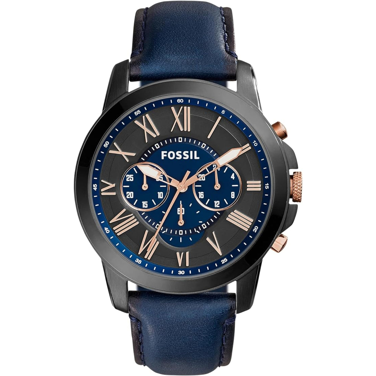 Front view of the Fossil Grant FS5061 watch displaying a black dial with blue accents, rose gold-tone Roman numeral hour indices, three sub-dials, and a blue leather strap