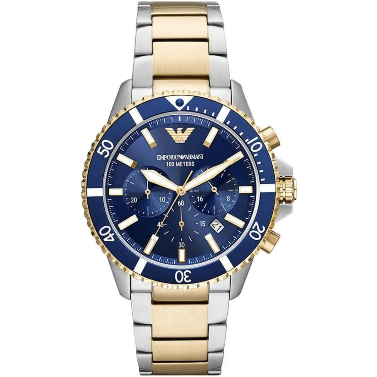 Frontal shot of the Emporio Armani Diver AR11362 mens wristwatch showing the blue dial, gold-tone accents, and two-tone bracelet