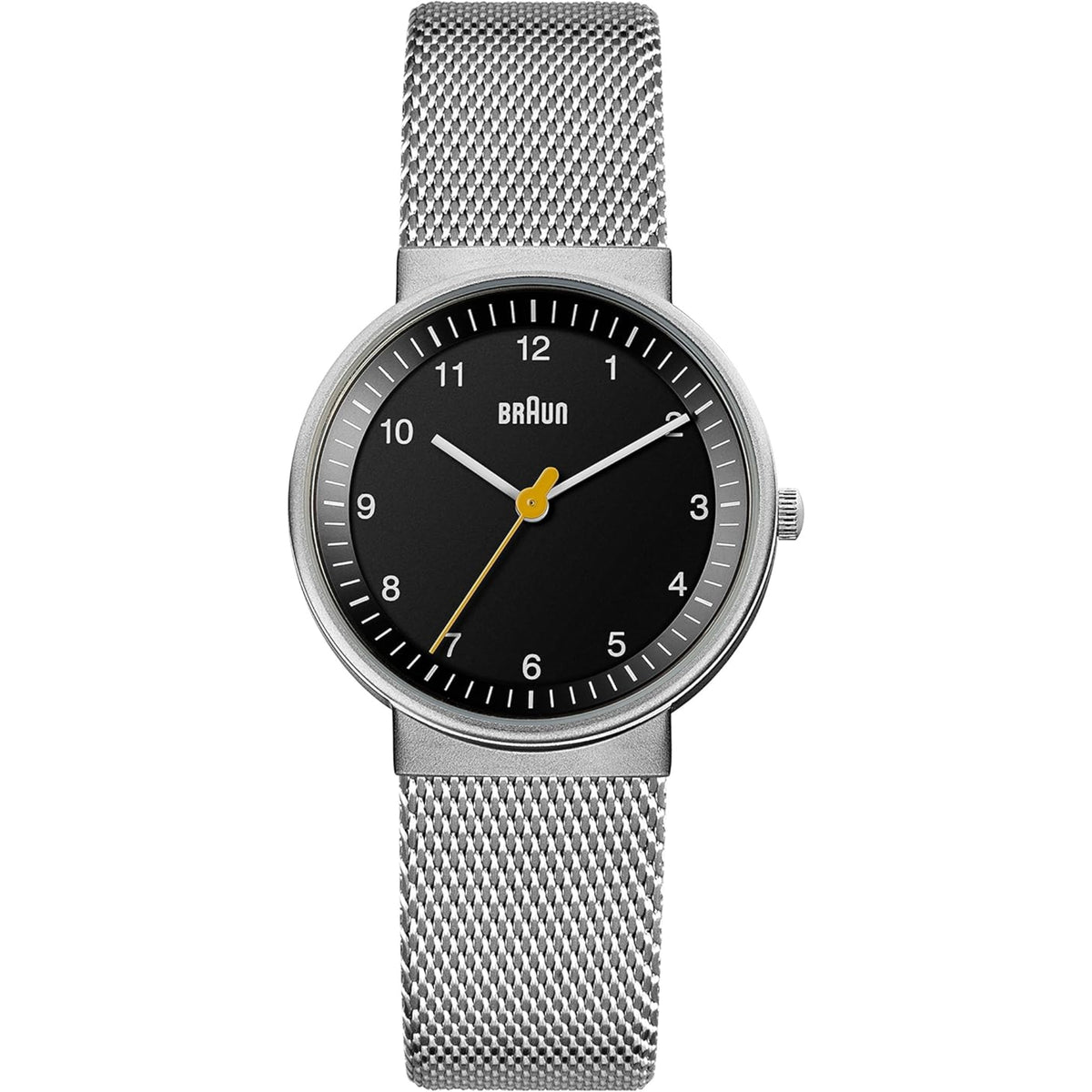 Ladies quartz watch with black dial and silver steel mesh strap, round silver case