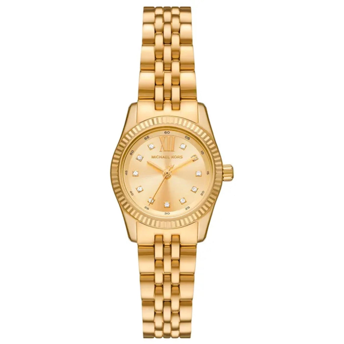 Gold-tone women's wristwatch with round gold dial, diamond markers, link bracelet