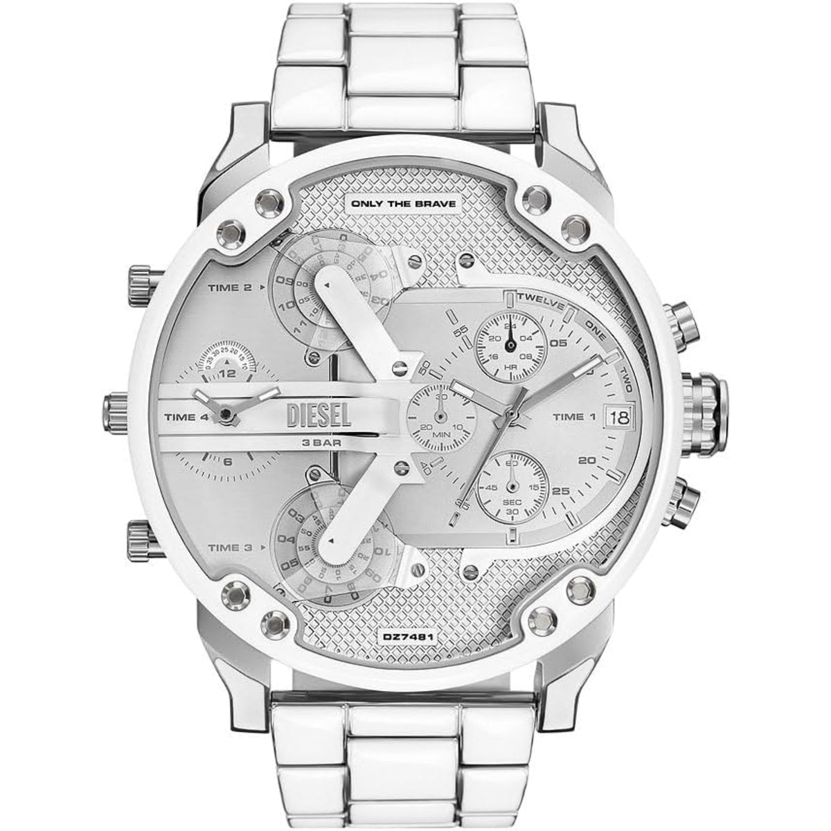 Men’s silver steel chronograph watch with multi-dial silver face and link bracelet