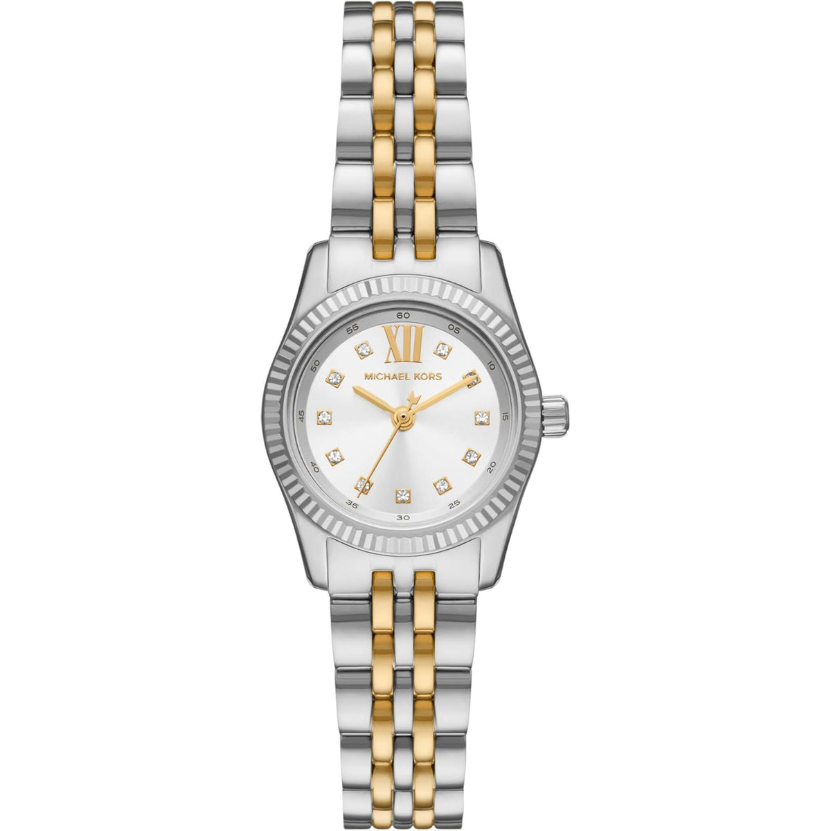 Michael Kors Lexington MK4740 womens watch front view featuring a white dial, crystal hour markers, fluted bezel, and two-tone stainless steel bracelet