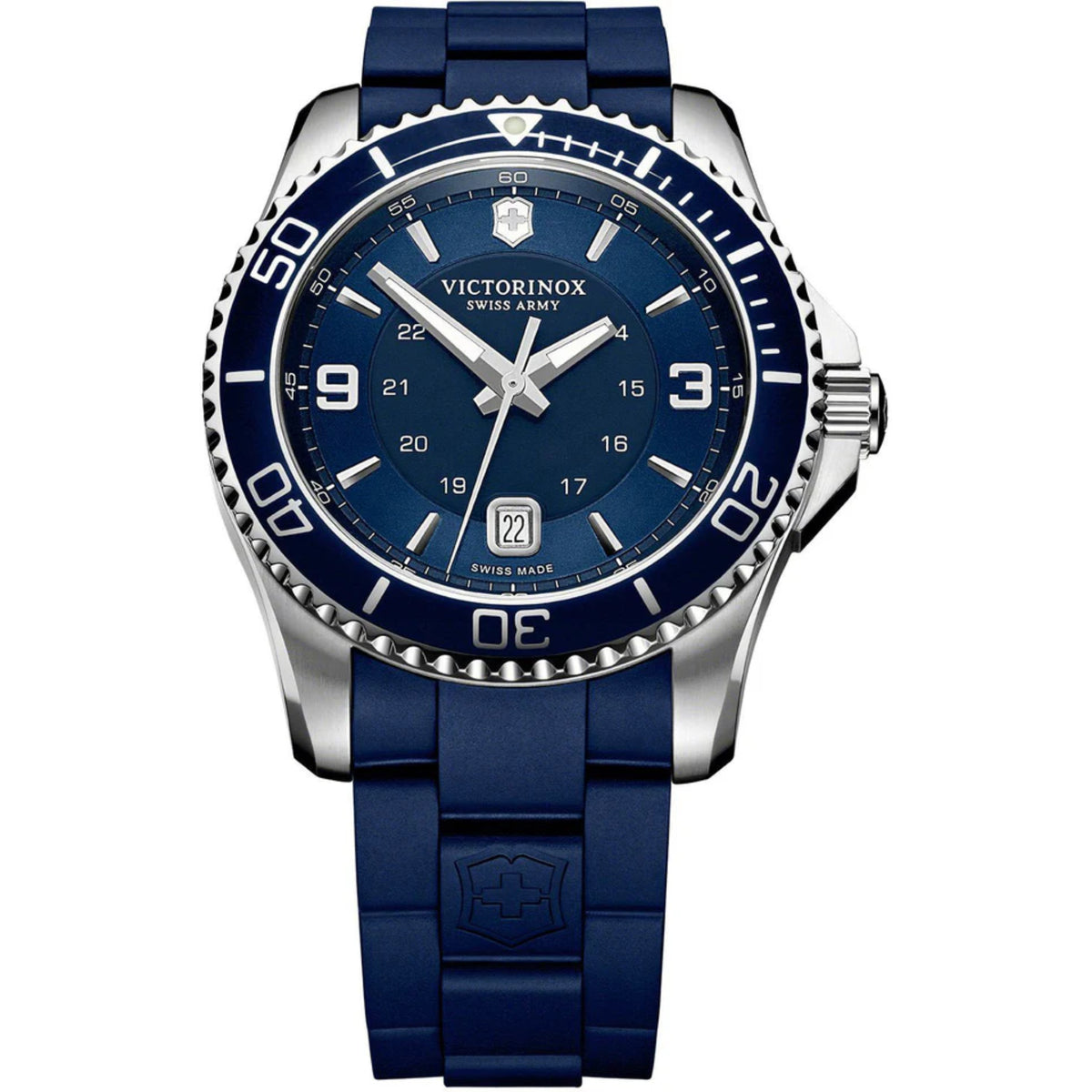 Men's quartz watch with blue dial, stainless case, and blue rubber strap.