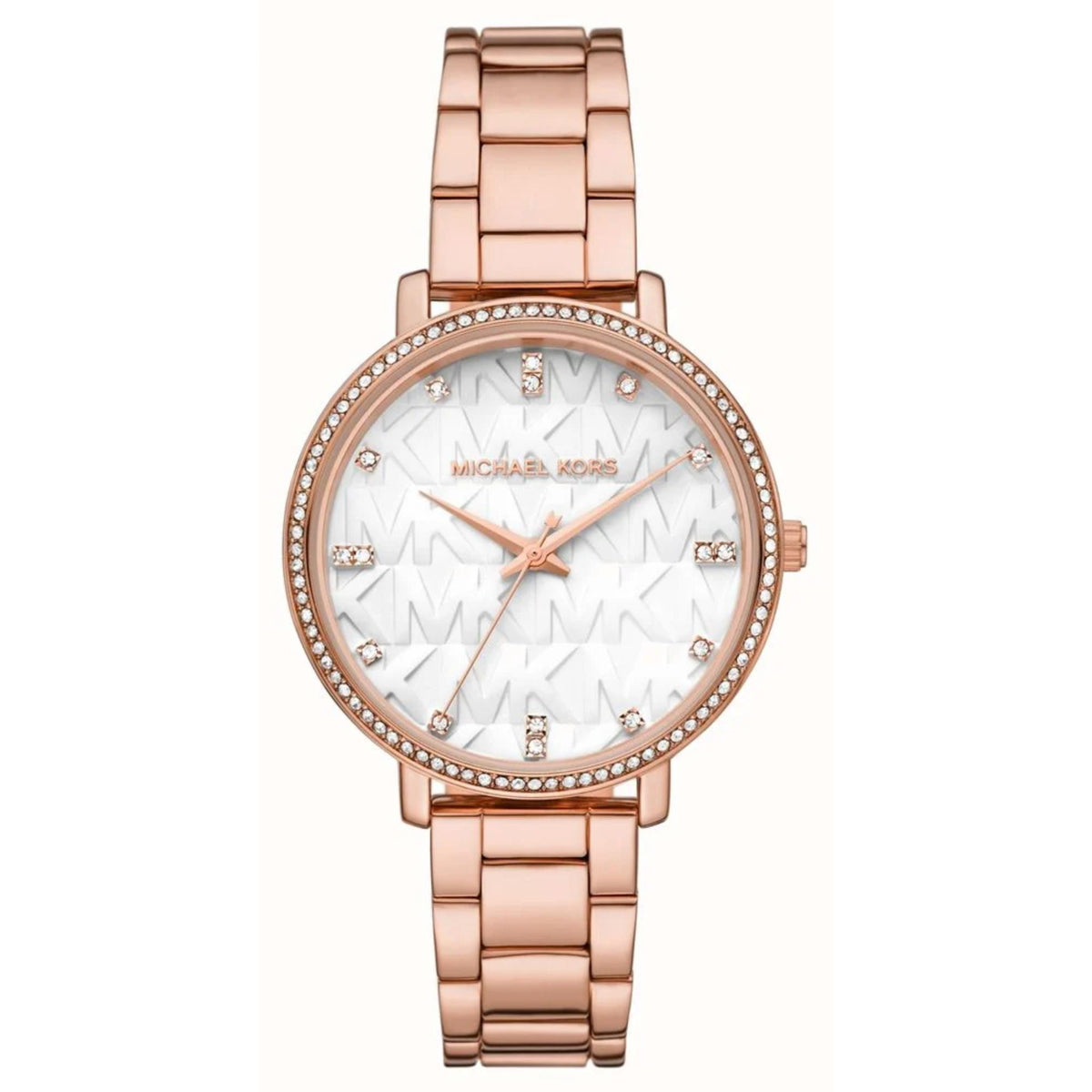 Michael Kors women's Pyper watch, rose gold-tone bracelet, white dial, crystal bezel