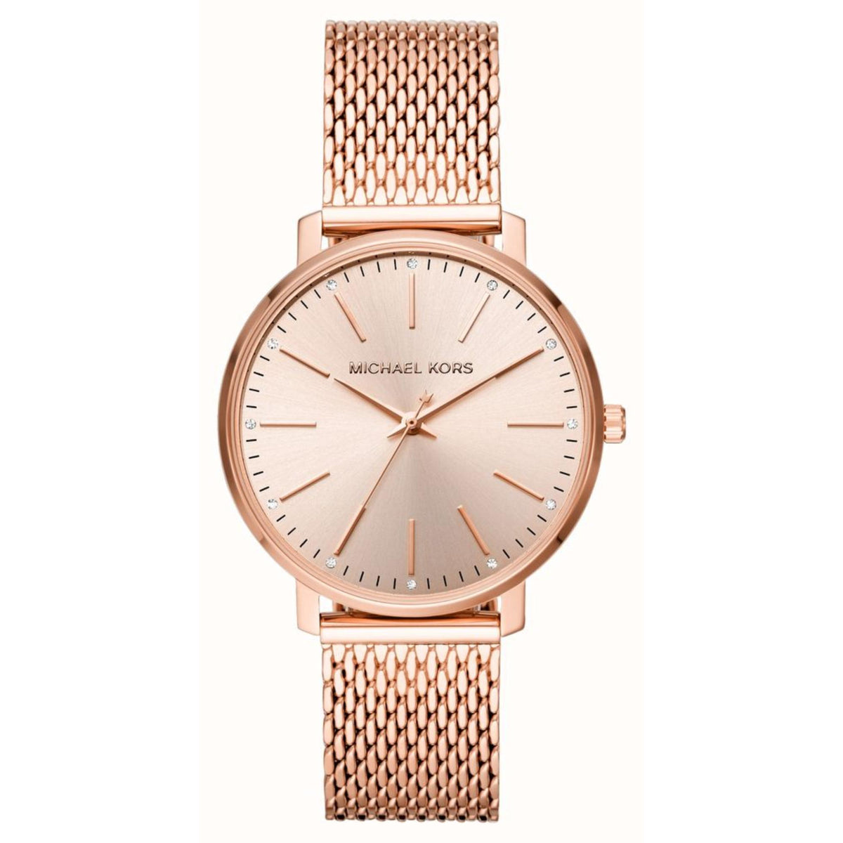 Rose gold dial women's wristwatch with mesh link bracelet and gold-tone round case