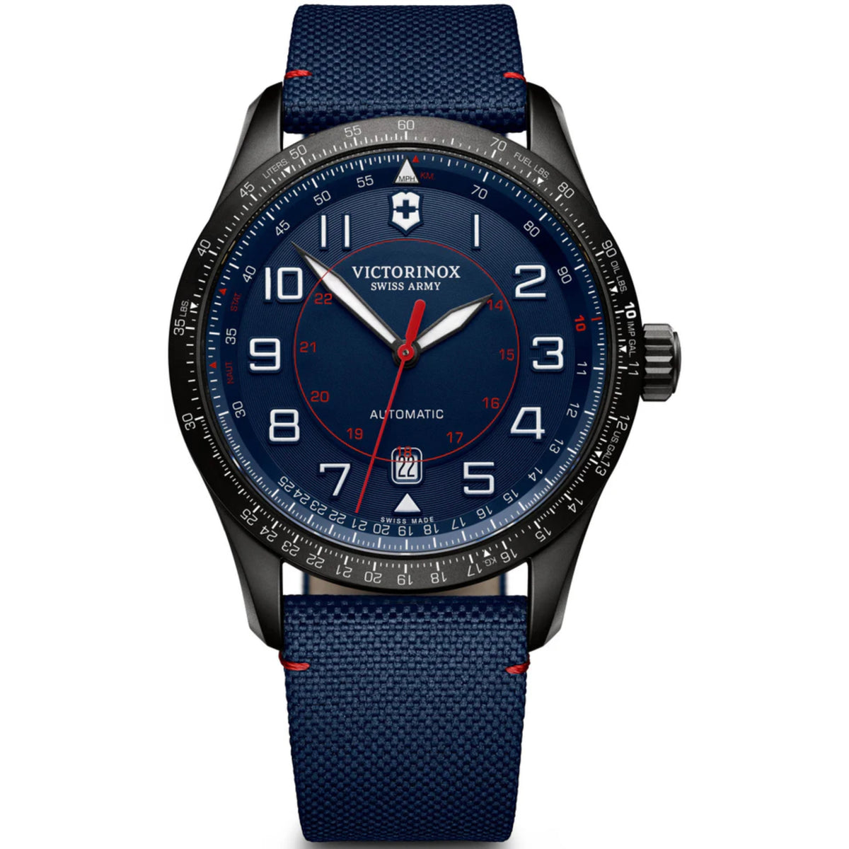 Men's blue dial mechanical watch with blue fabric strap and black bezel