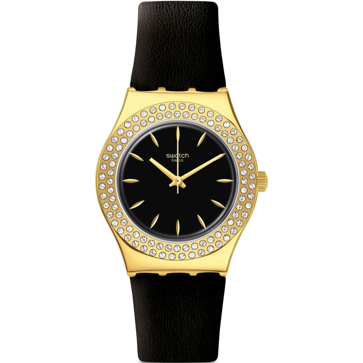 Ladies quartz watch with black dial, gold-tone case, crystal bezel, black leather strap