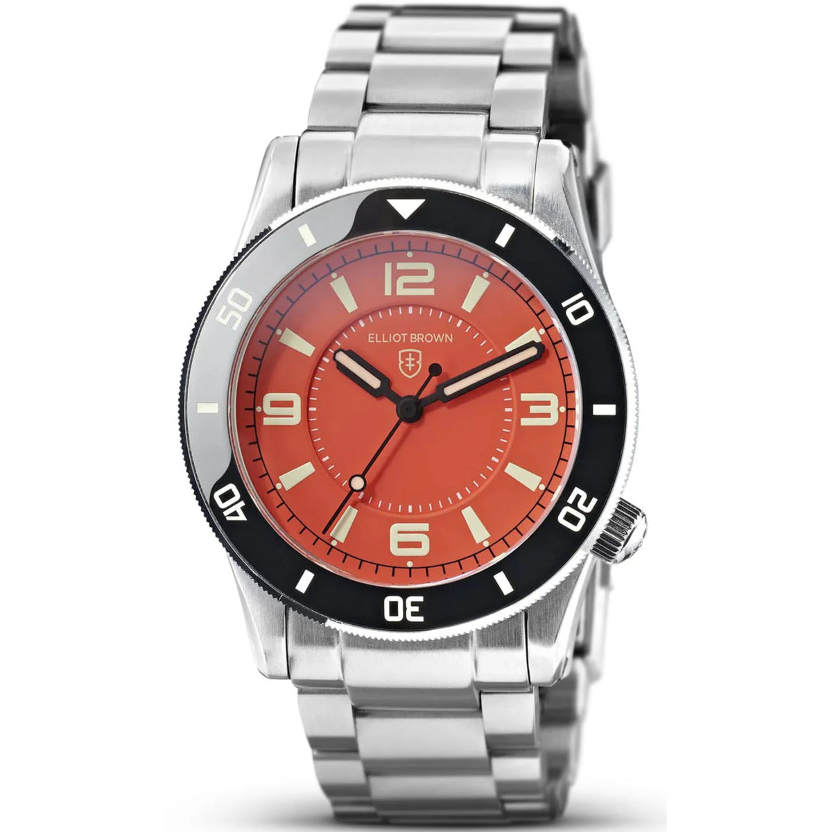 Men's stainless diver watch with orange dial, black bezel, and metal link bracelet
