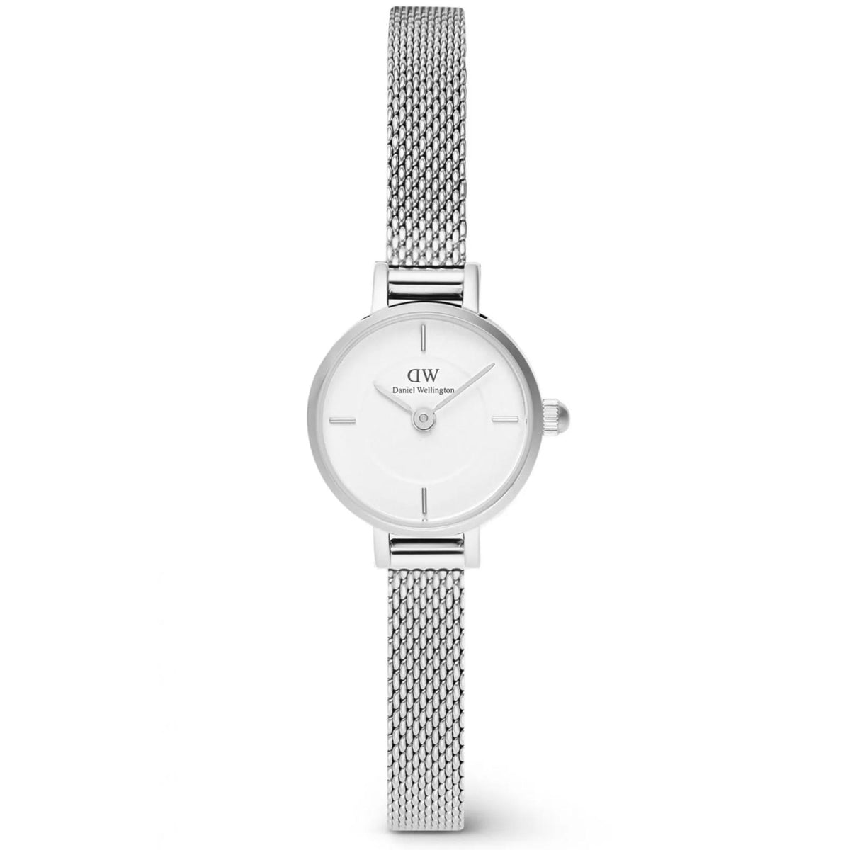 Petite round ladies quartz watch, white dial, silver mesh bracelet and side crown