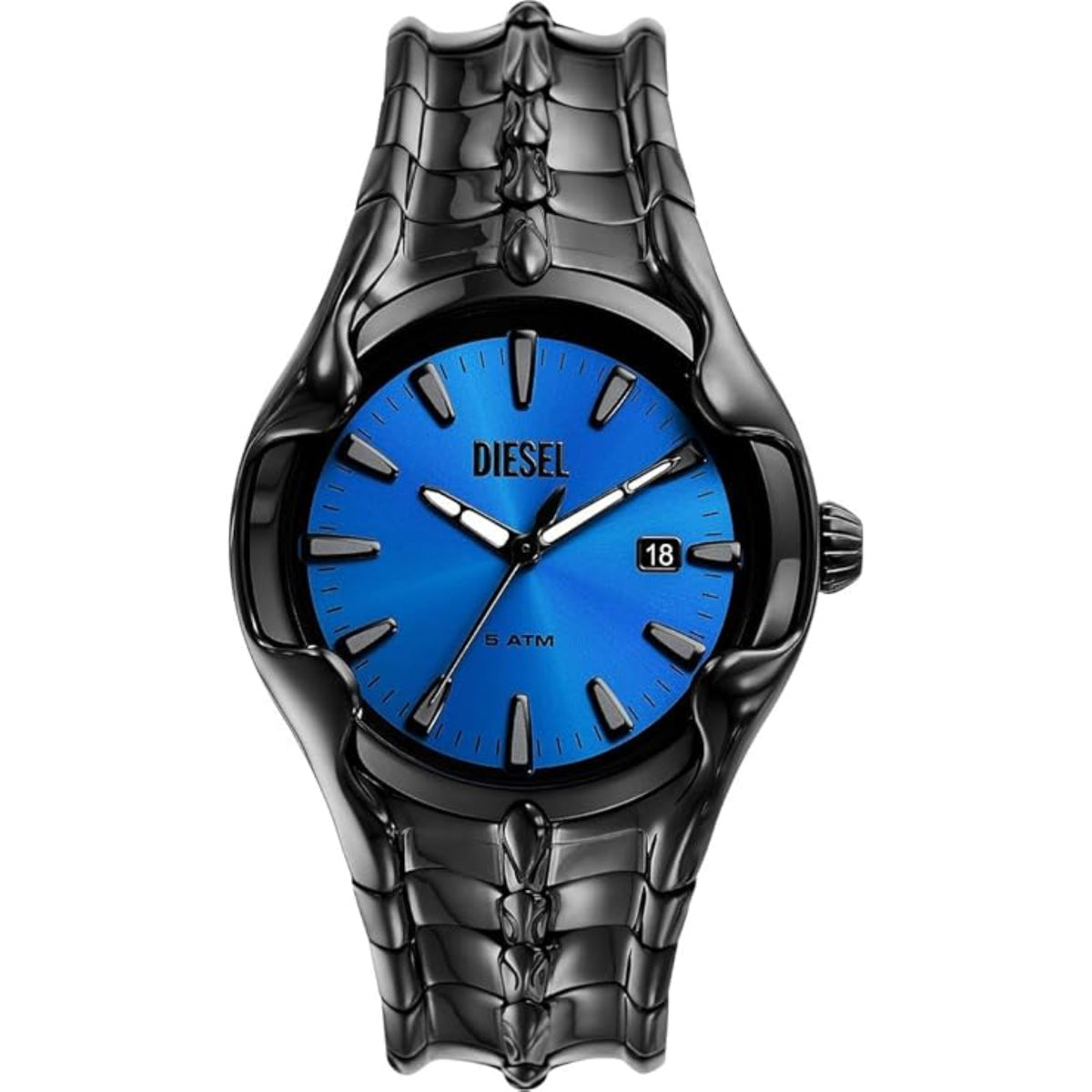 Blue dial quartz wristwatch with black link bracelet and date window at 18