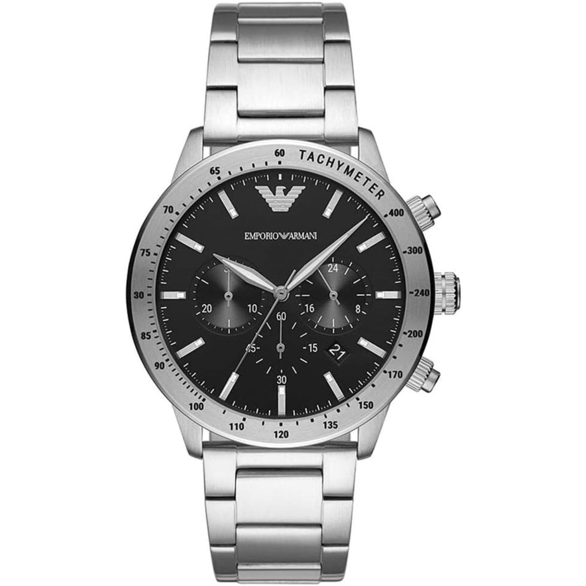 Emporio Armani Mario AR11241 mens chronograph watch featuring a black dial, tachymeter bezel, and stainless steel bracelet