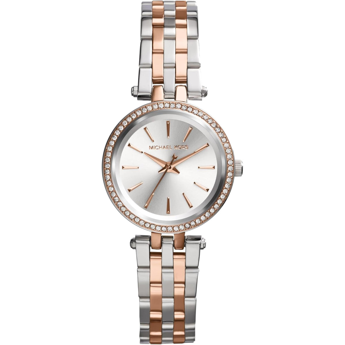 Two-tone stainless steel wristwatch with silver dial, rose accents, and rhinestone bezel