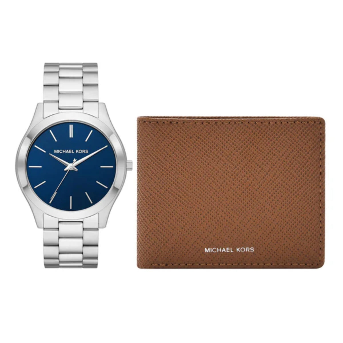 Michael Kors Slim Runway MK1060SET front view showing blue dial steel strap men's watch alongside brown saffiano leather wallet