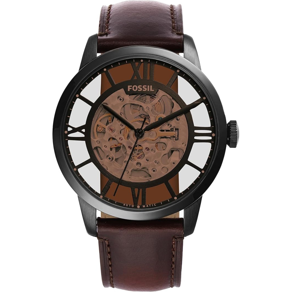 Men's skeleton automatic watch with brown leather strap and openwork brown dial