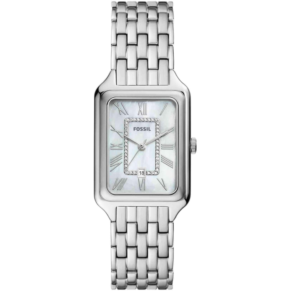 Fossil Raquel ES5306 front view displaying white dial with rectangular steel case and link bracelet