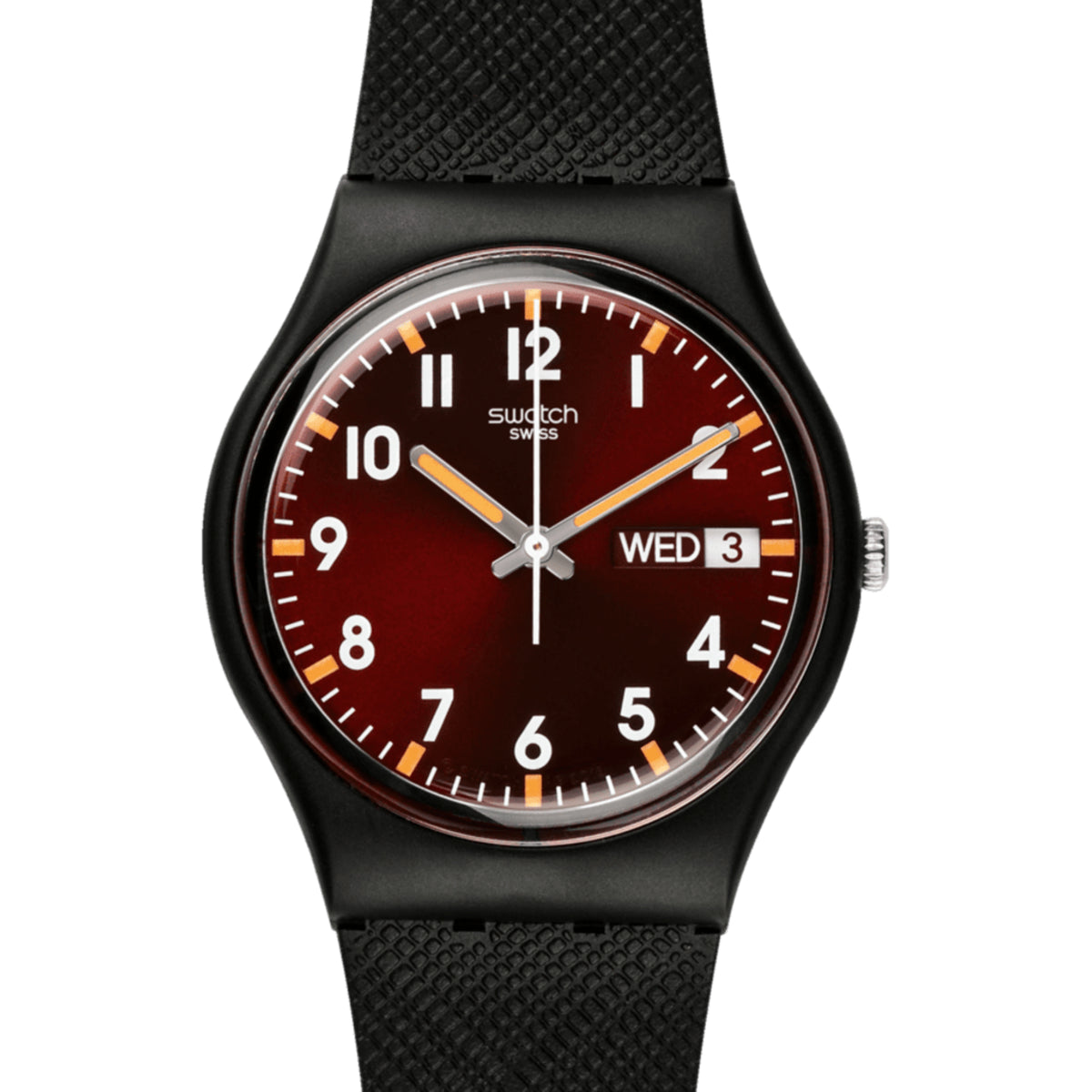 Red dial wristwatch with black strap, baton markers, gold hands, date window showing Wed 3