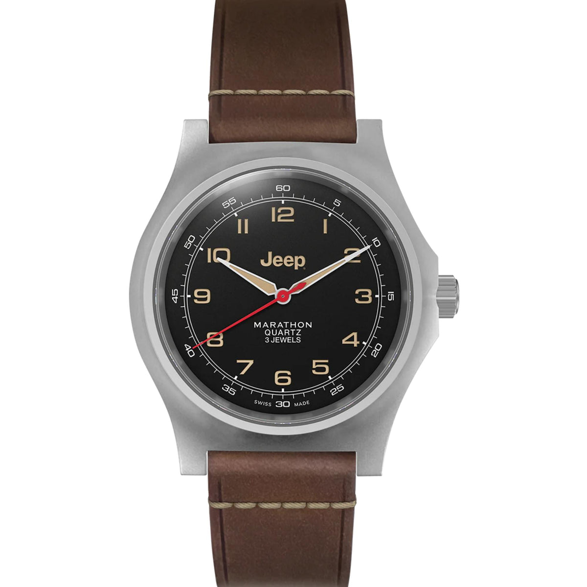 Men's stainless steel quartz wristwatch with black dial, brown leather strap, red accents.