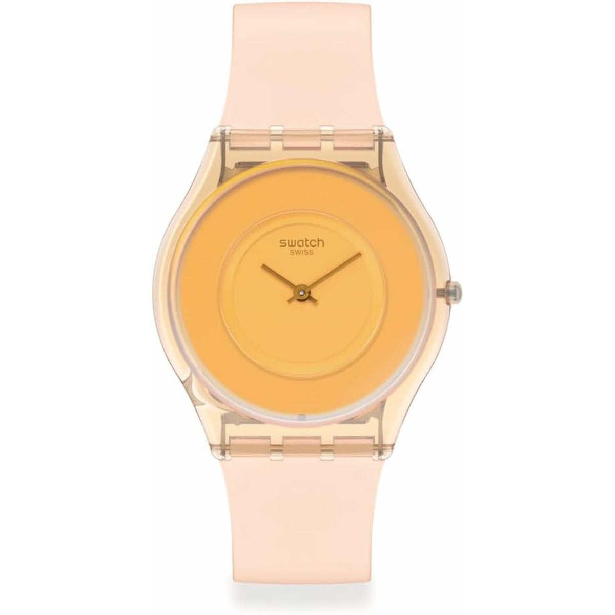Peachy pink silicone strap watch with orange dial and clear round case, metal crown