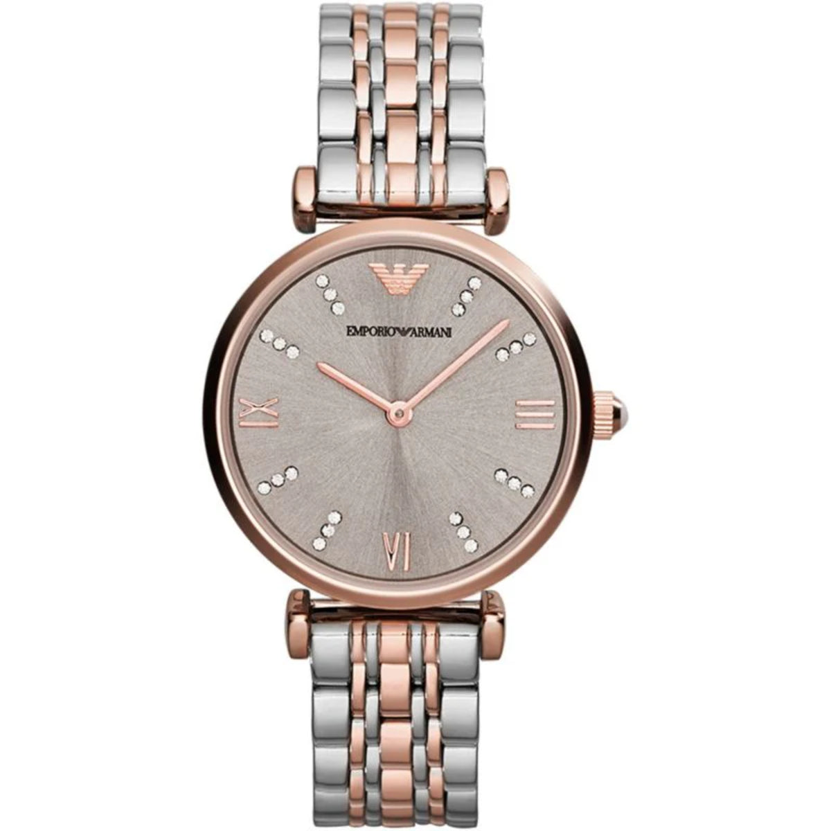 Ladies quartz wrist watch with gray dial, rose-gold hands, two-tone steel bracelet