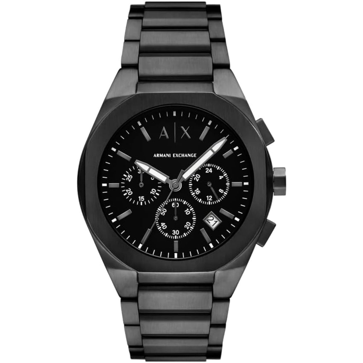 Armani Exchange Sync AX4183 front view showing black chronograph dial with sub-dials and steel bracelet