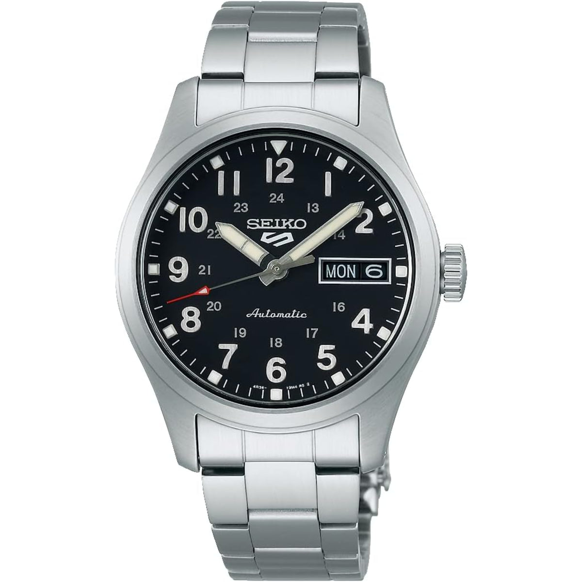 Seiko 5 Sports 36mm SRPJ81K1 black dial front view