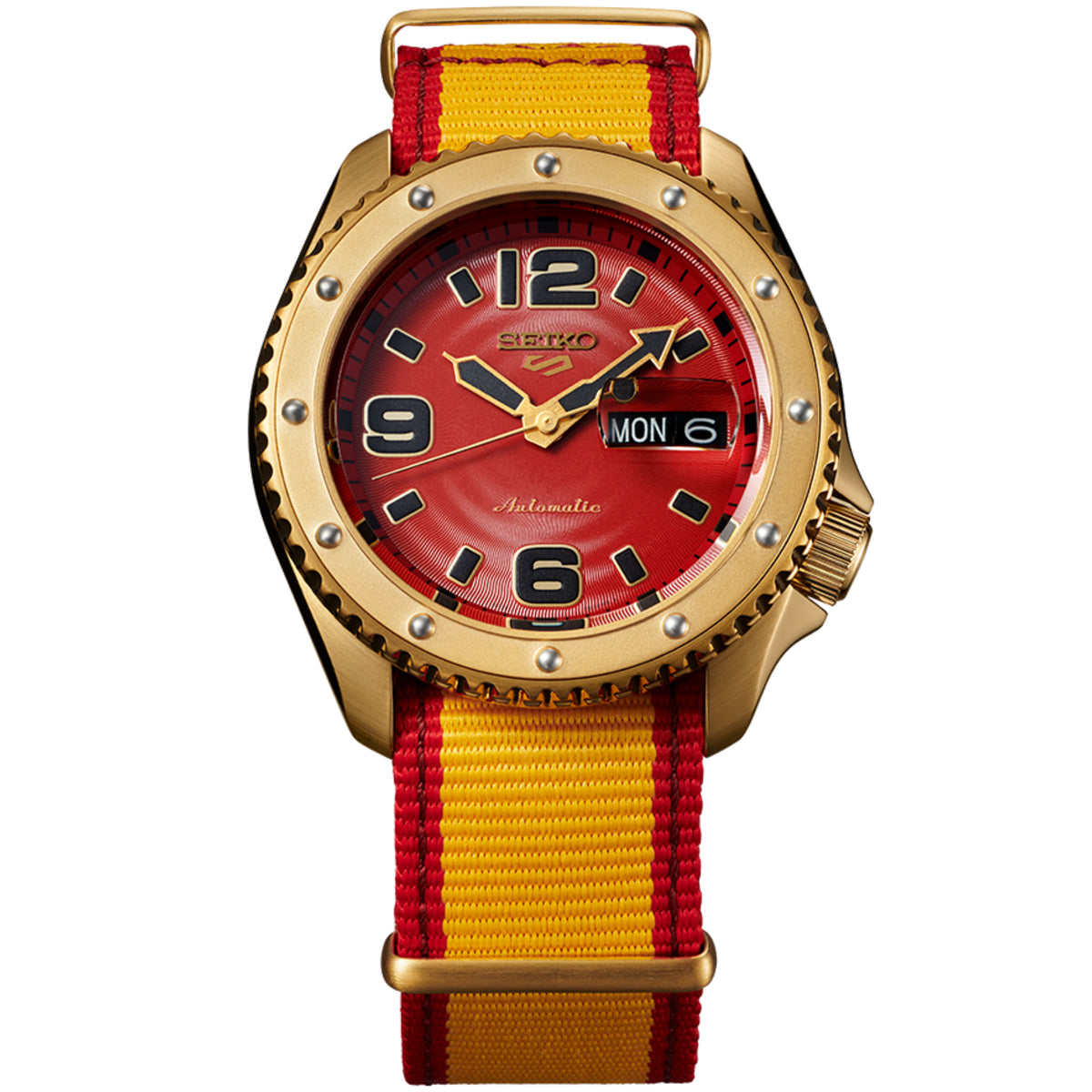 Men's automatic watch showing red dial with day-date window and yellow-red nylon strap