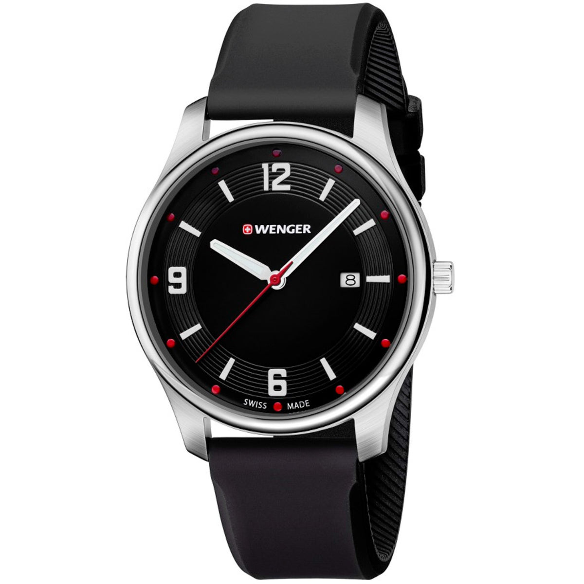 Men's black dial black silicone strap wristwatch with silver case and red accents