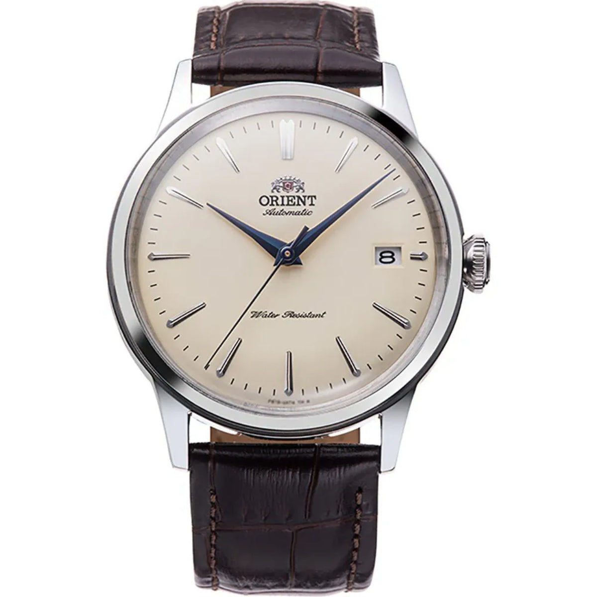 Orient men’s automatic wristwatch with cream dial, brown leather strap, steel case