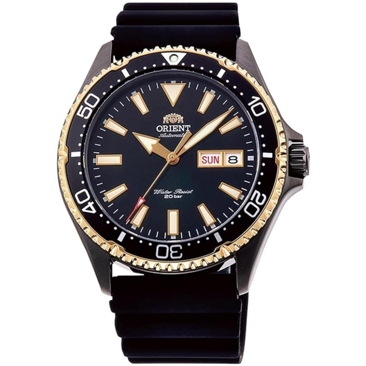 Men's automatic diver watch with black dial, gold-tone bezel, and black silicone strap
