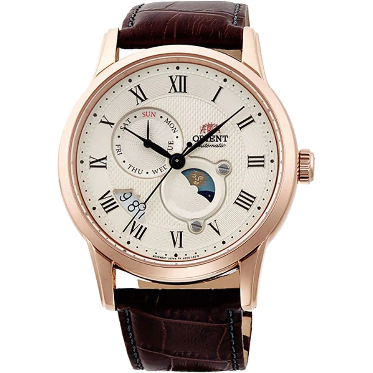 Orient Bambino Sun & Moon RA-AK0007S30B mens automatic watch featuring a champagne dial, gold tone case, and brown leather strap