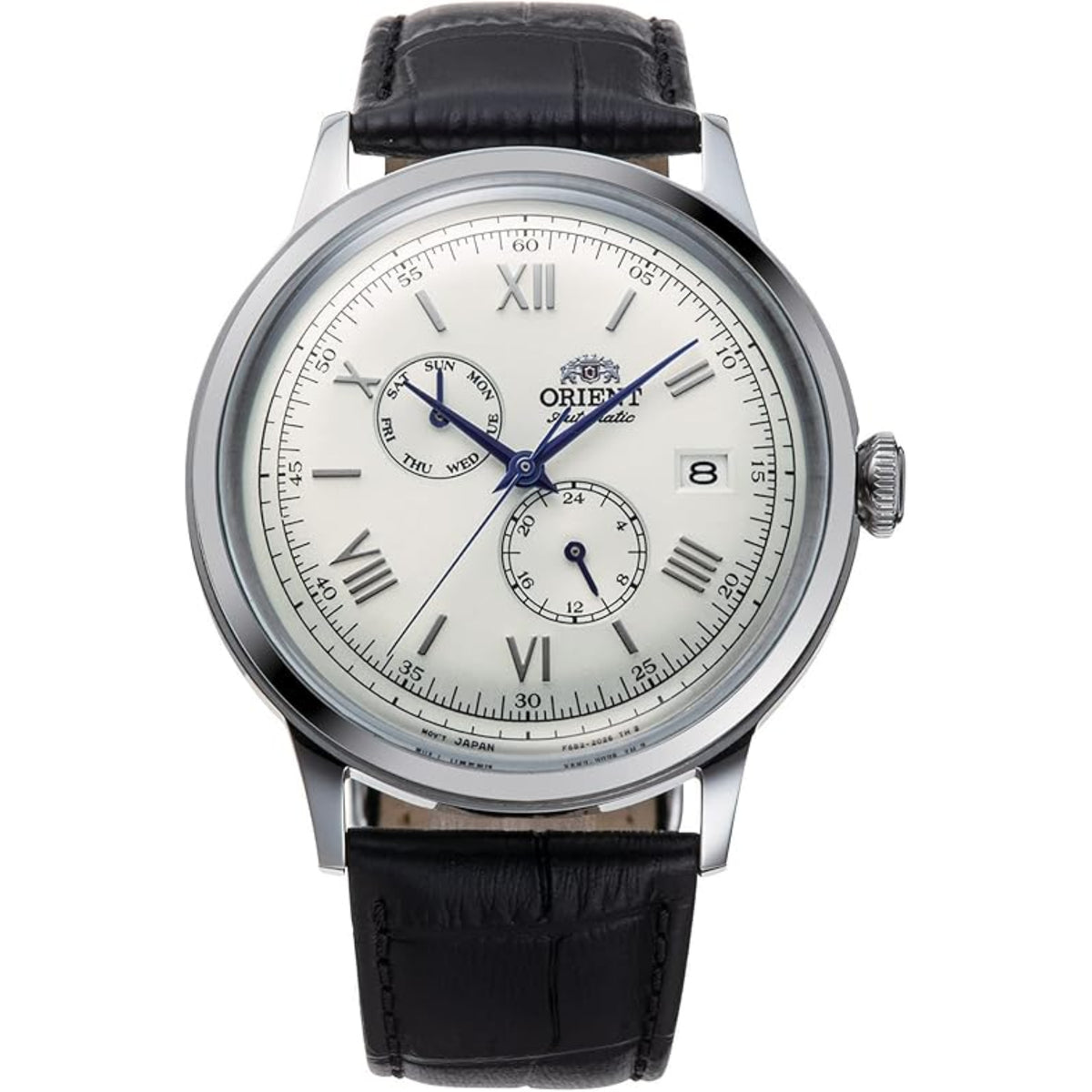 Men's automatic leather watch with white dial, black strap, and blue sub-dials