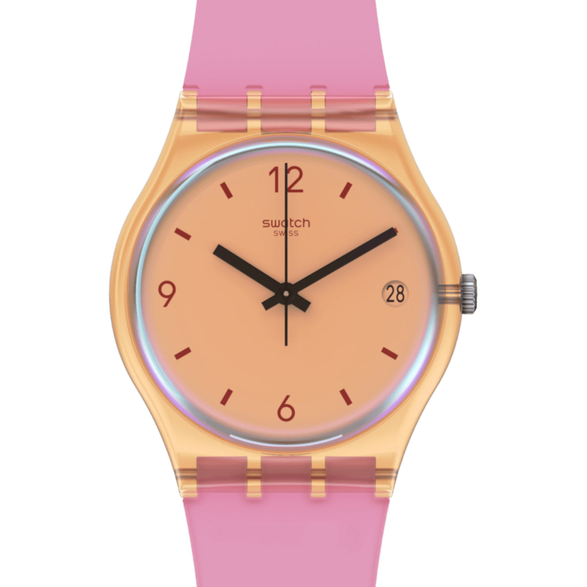 Swatch quartz ladies strap watch with peach dial, pink band, gold bezel, date at 28
