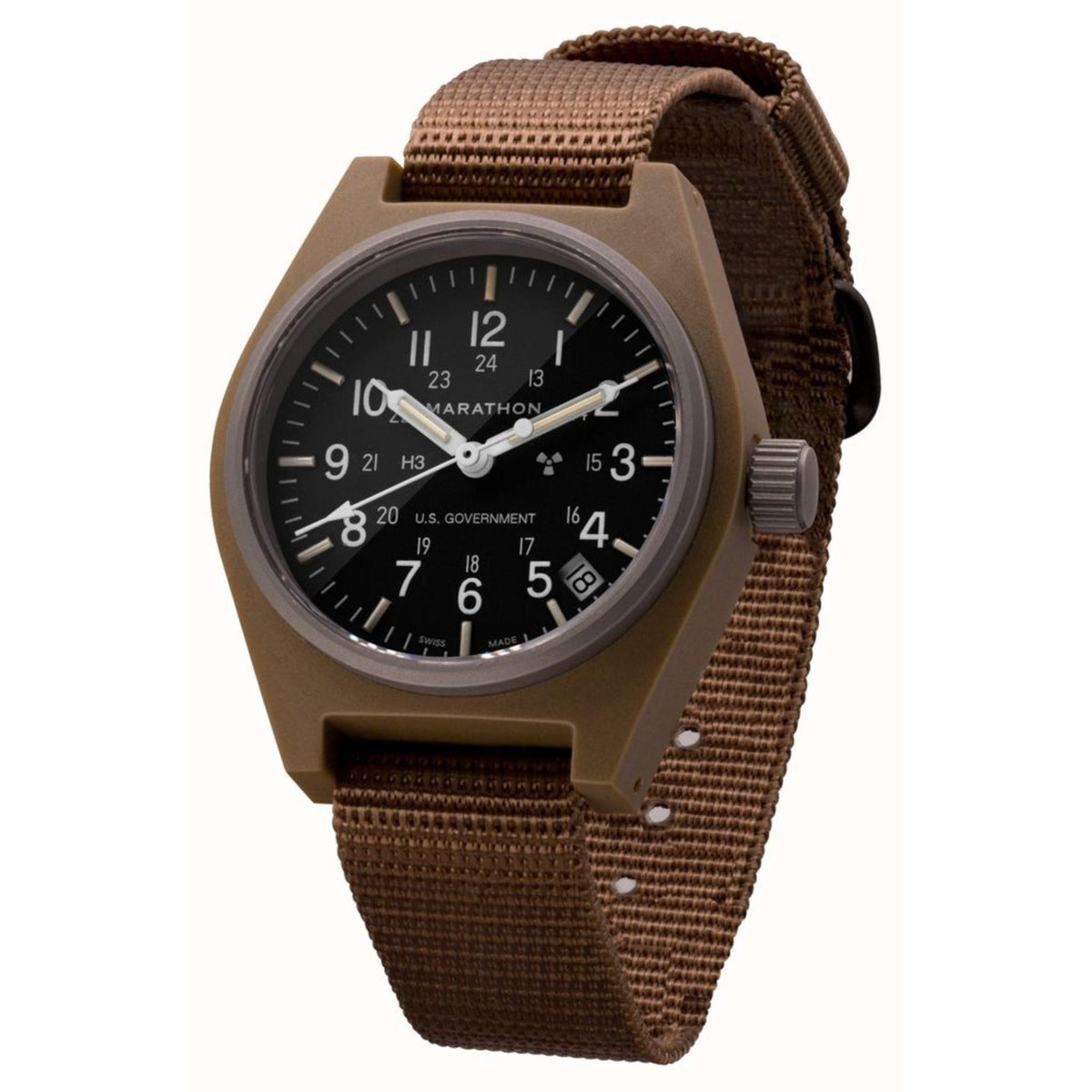 Men's desert tan sports watch with black dial, date window, and fabric strap