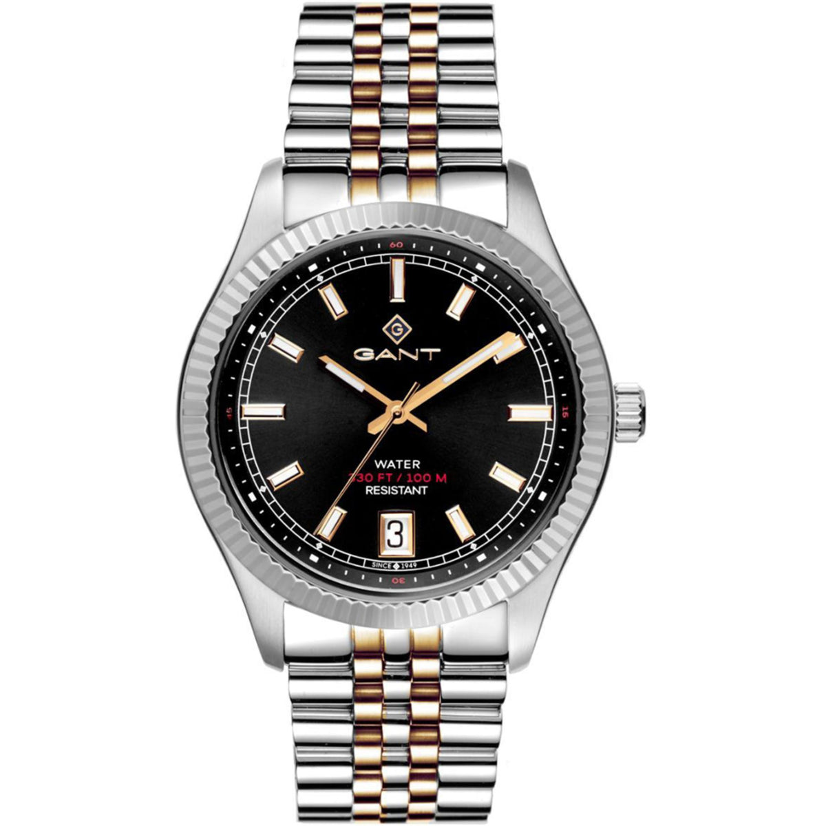 Men's two-tone steel quartz watch, black dial with gold indices and date window